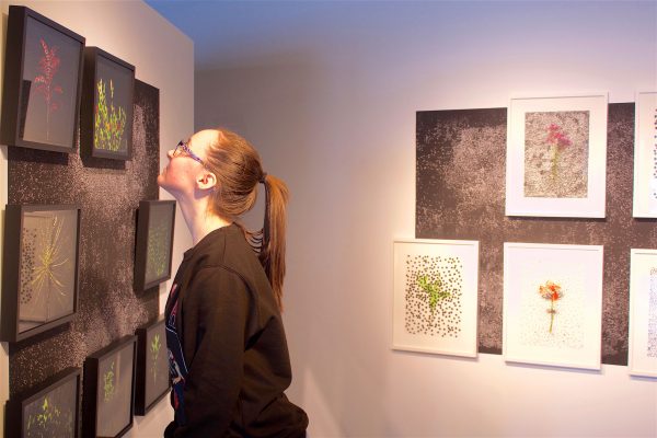 student looking at art on wall