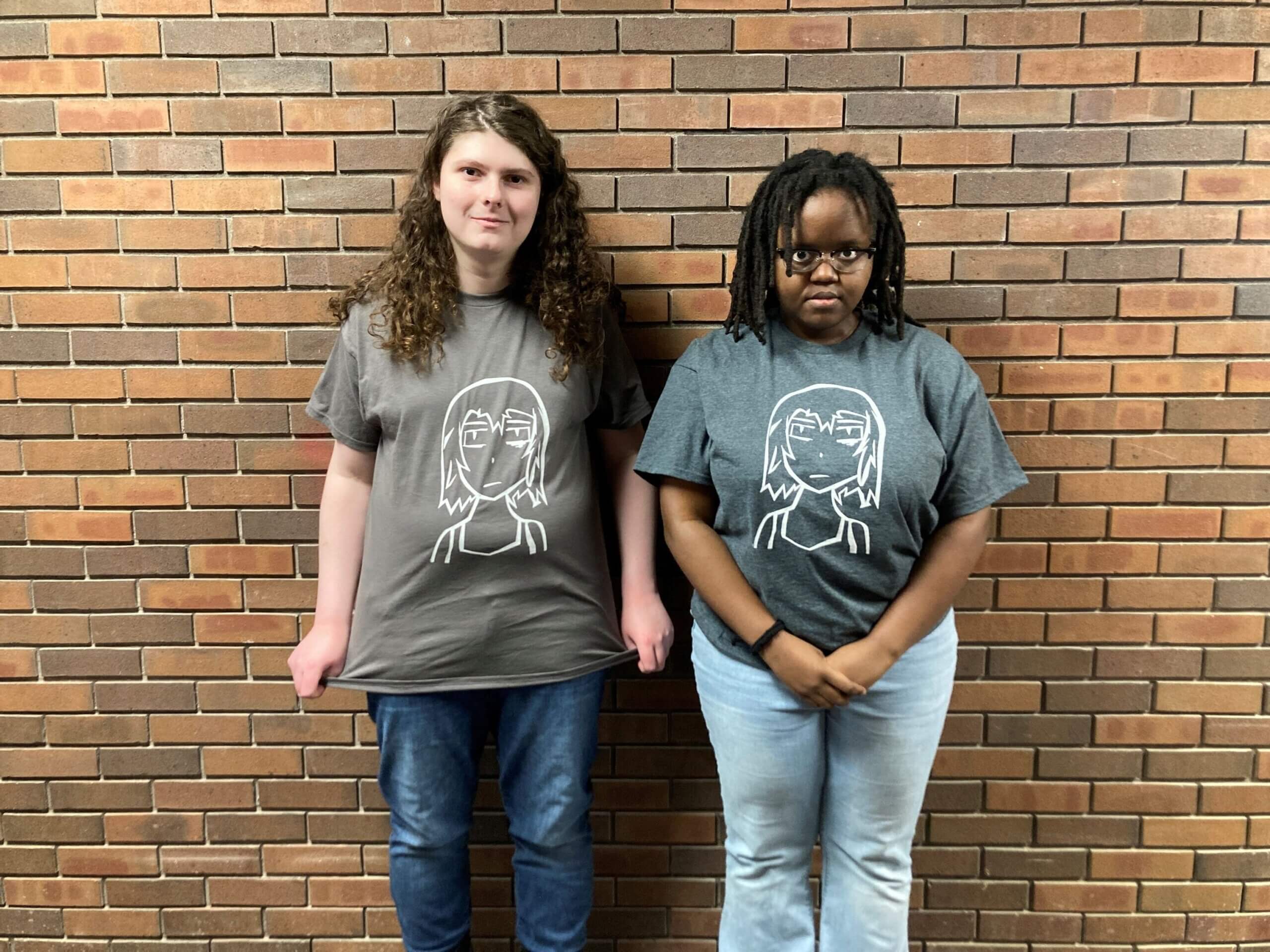 the author and her friend, wearing the t-shirts Kane made in Art Club.
