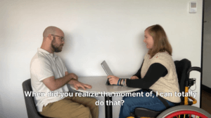 a screenshot from one of Alena Skinner's podcast episodes, with the closed caption reading "when did you realize the moment of, "I can totally do that?"