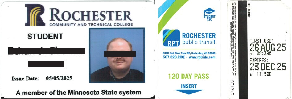 Student ID and both sides of a Rochester public transit bus pass