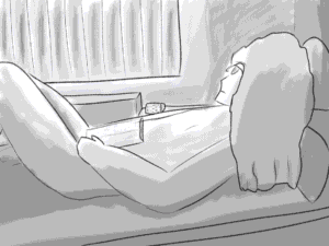 a black and white digital sketch of a person reclined, looking out a window