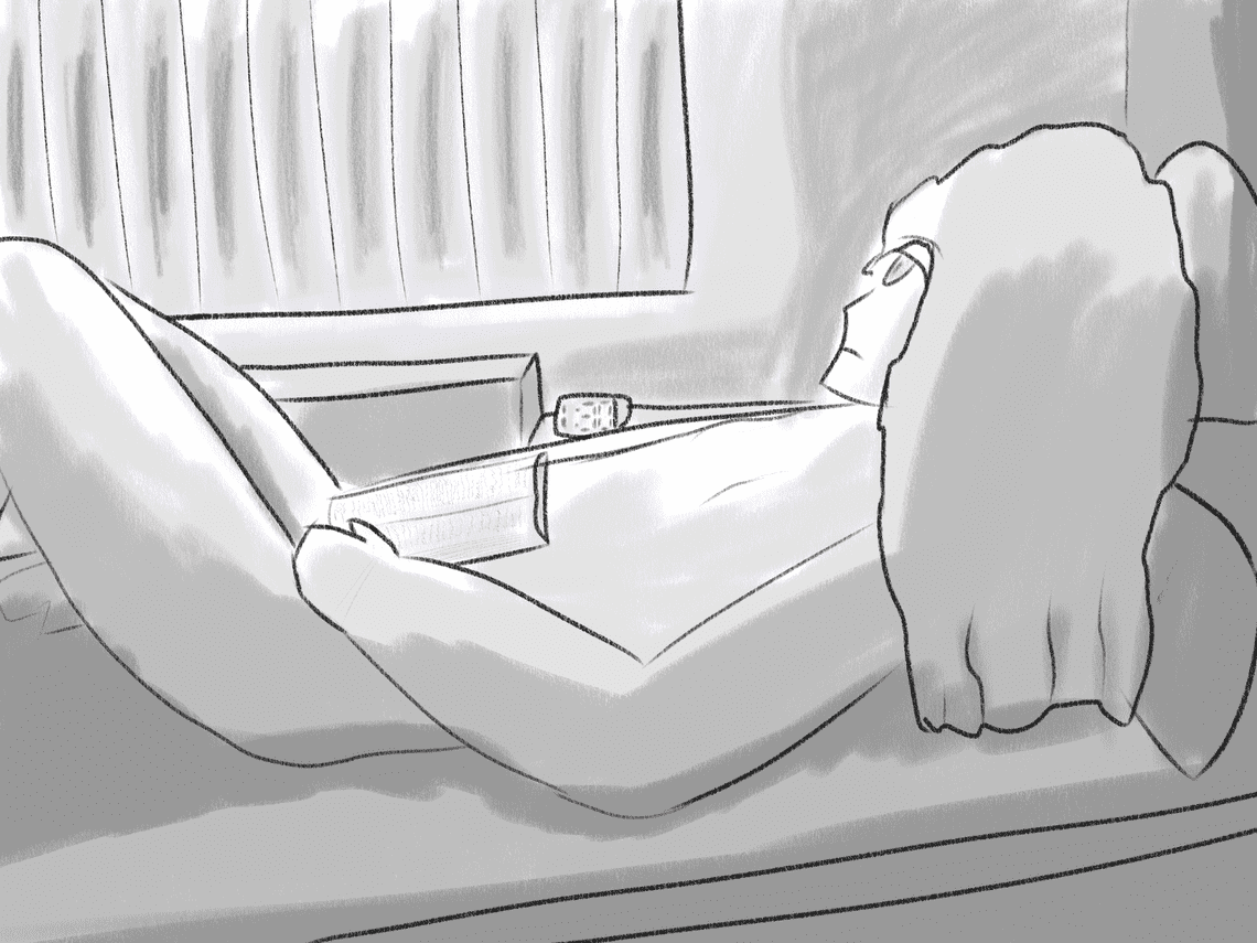 a black and white digital sketch of a person reclined, looking out a window