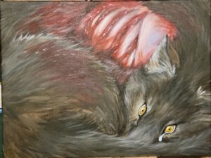 scan of artwork featuring a canine animal curled up, mostly in brown tones. 