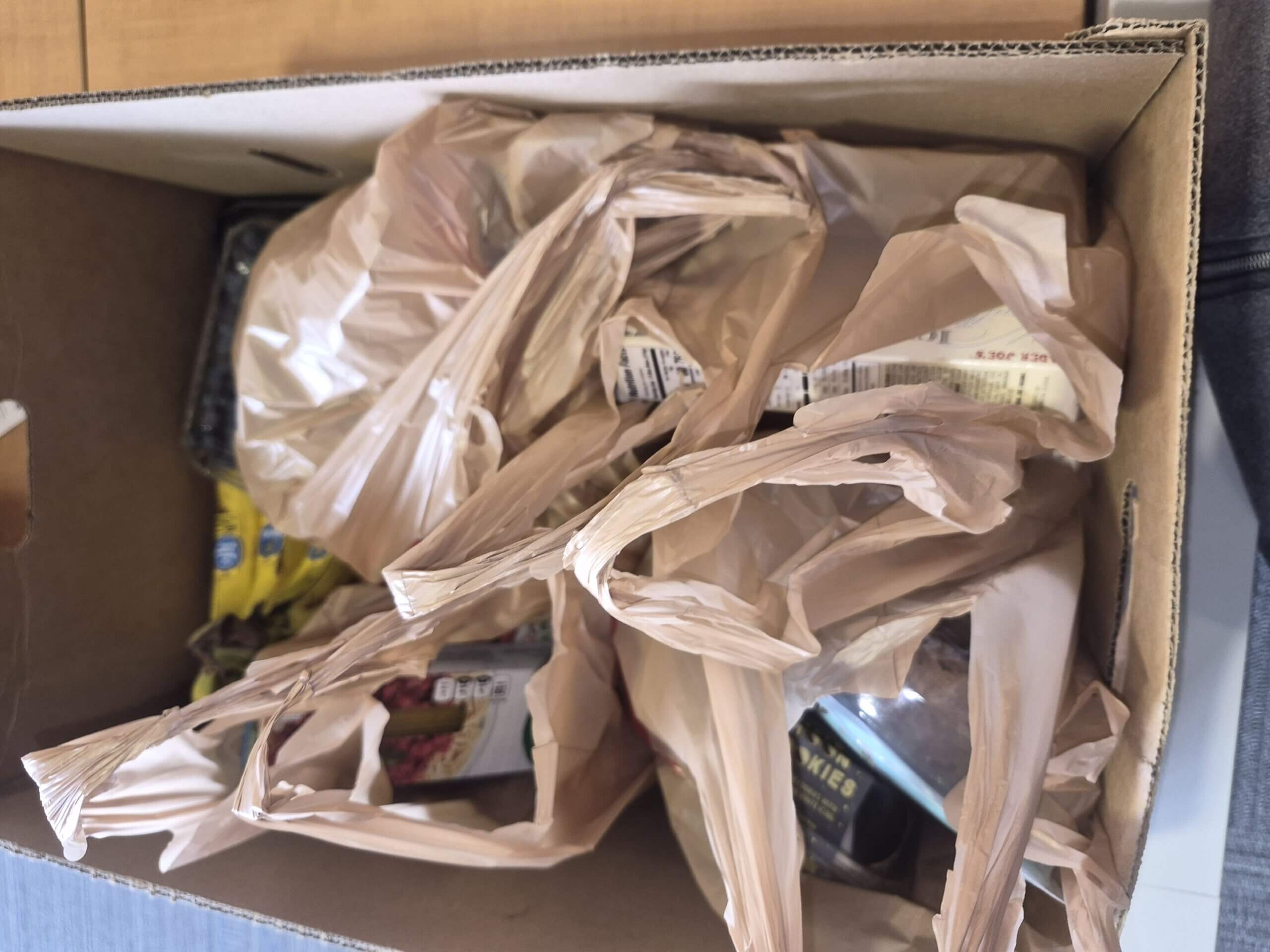 Plastic bags of groceries inside a plastic box, taken from above