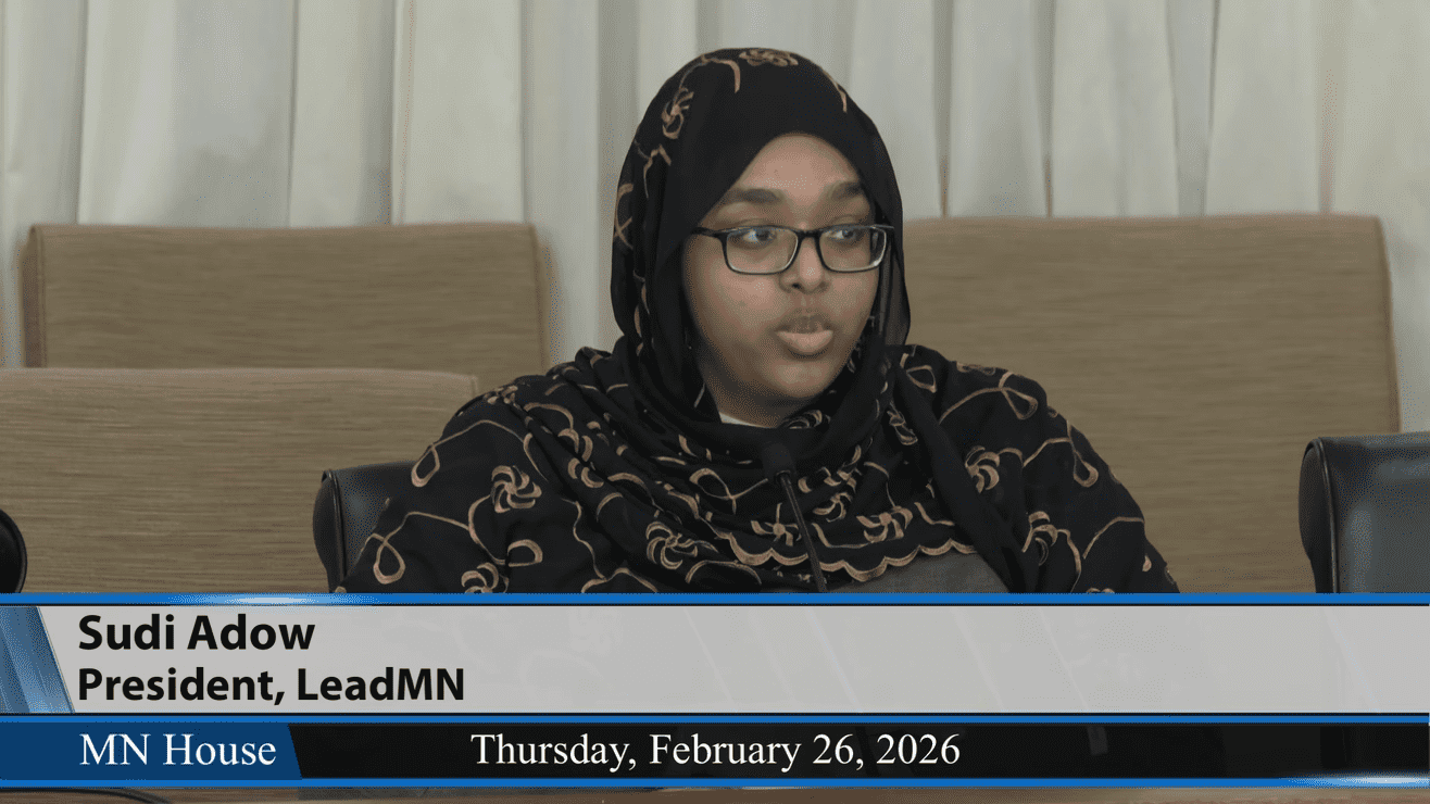 screengrab of Sudi Adow testifying to the Minnesota House Higher Education Finance and Policy Committee on Thursday, February 26, 2026