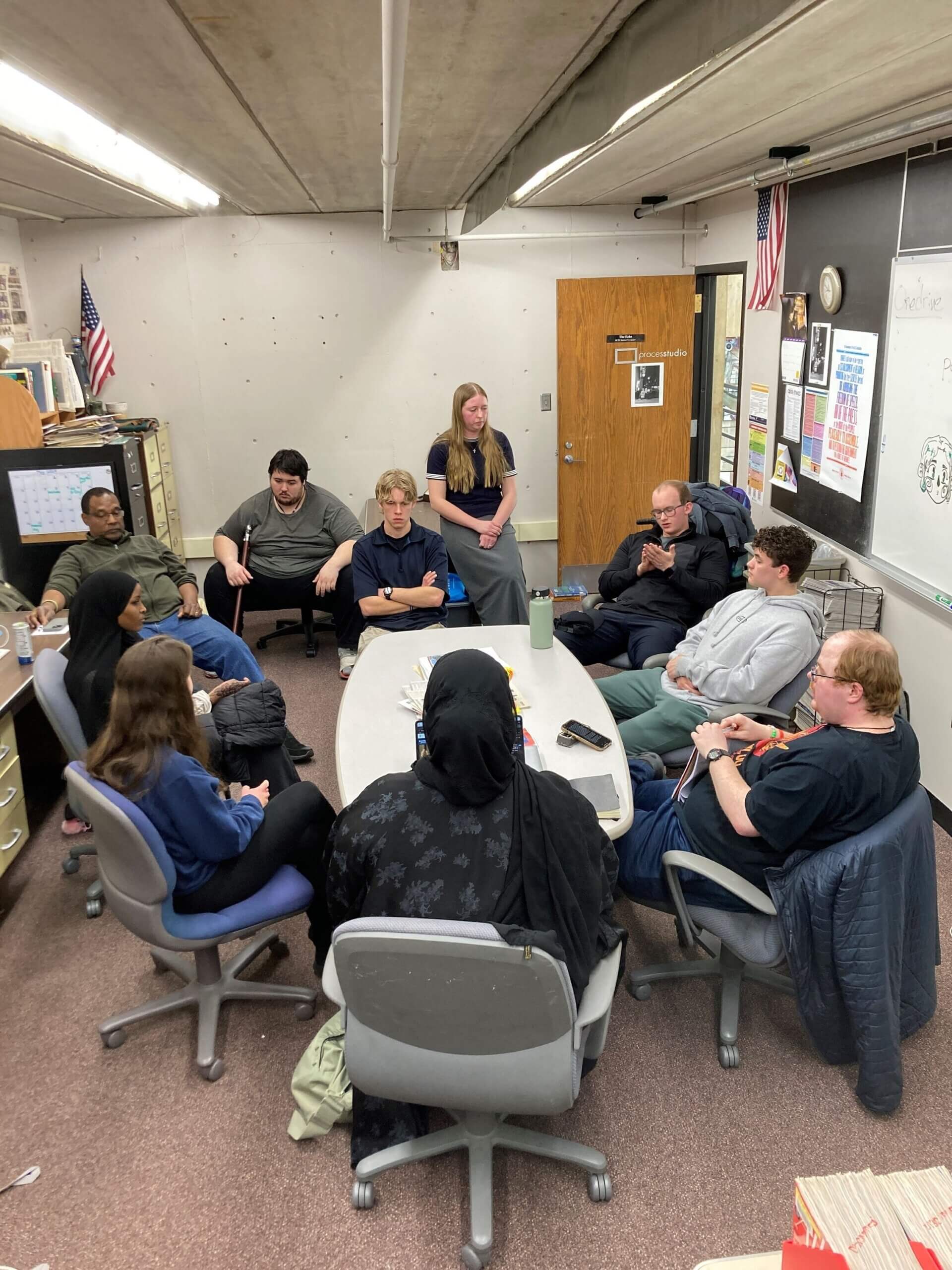 the RCTC ECHO student newspaper office during an interview between ECHO staff and members of RCTC's Turning Point USA chapter