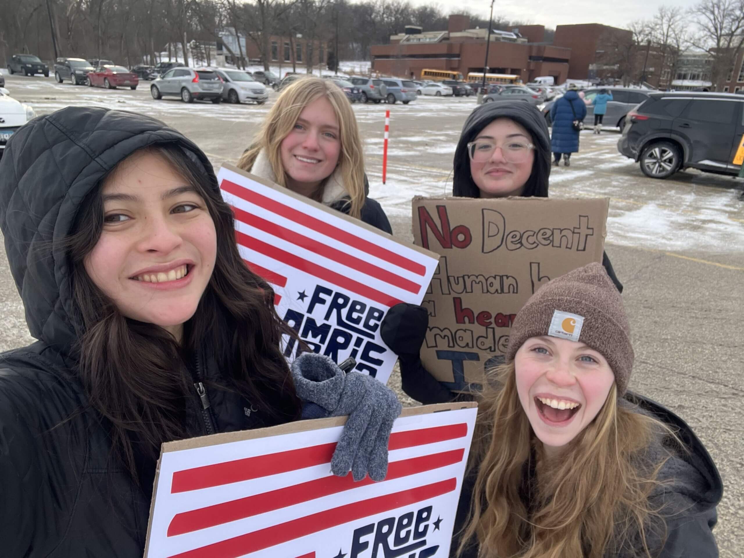 Grace Lunde and other students on January 20, 2026 in the RCTC parking lot during their walk-out protest of ICE activity in Minnesota