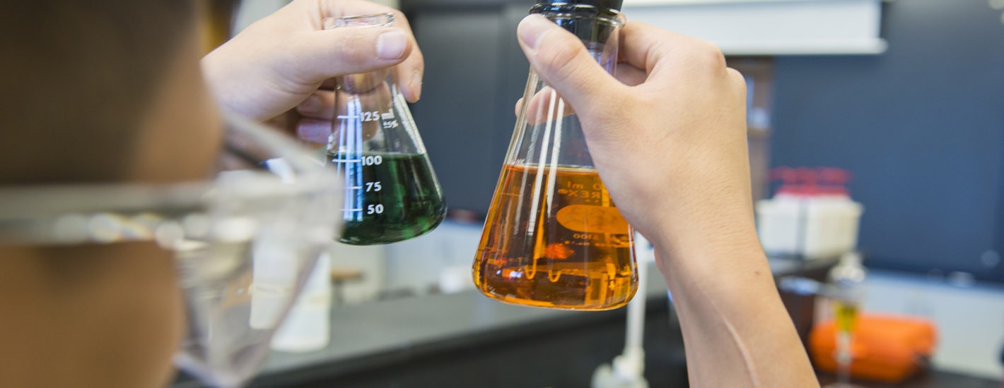 Person holding up two flasks. One filled with an orange liquid, the other with a dark green liquid.