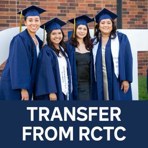 Four RCTC graduates wearing their graduation caps and gowns