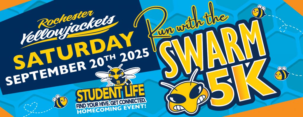 Run with the Swarm 5K event on Saturday, September 20th, 2025, from 8:15 to 10:00 AM, hosted by Student Life for homecoming.