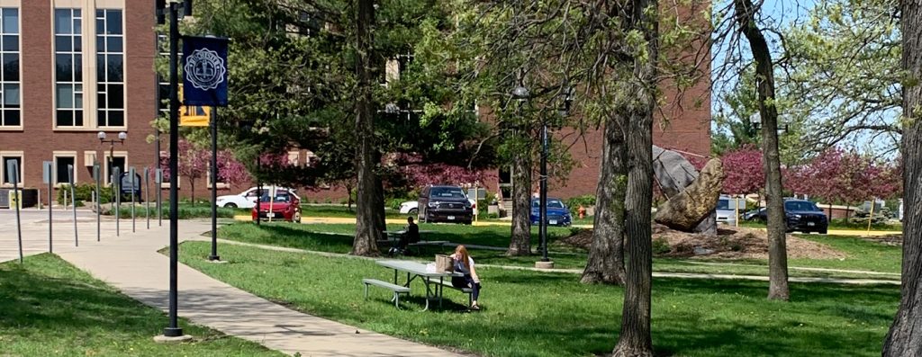 RCTC students sitting at a picnic table surrounded by green grass and purple flowering trees on a late spring day in front of the RCTC Atrium