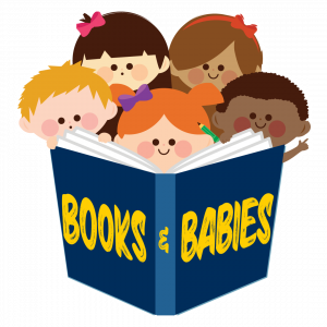 "Books and Babies" five cartoon babies behind an open cartoon book