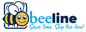 Cartoon bee in navy blue and gold with "beeline: Save time. Skip the line!"