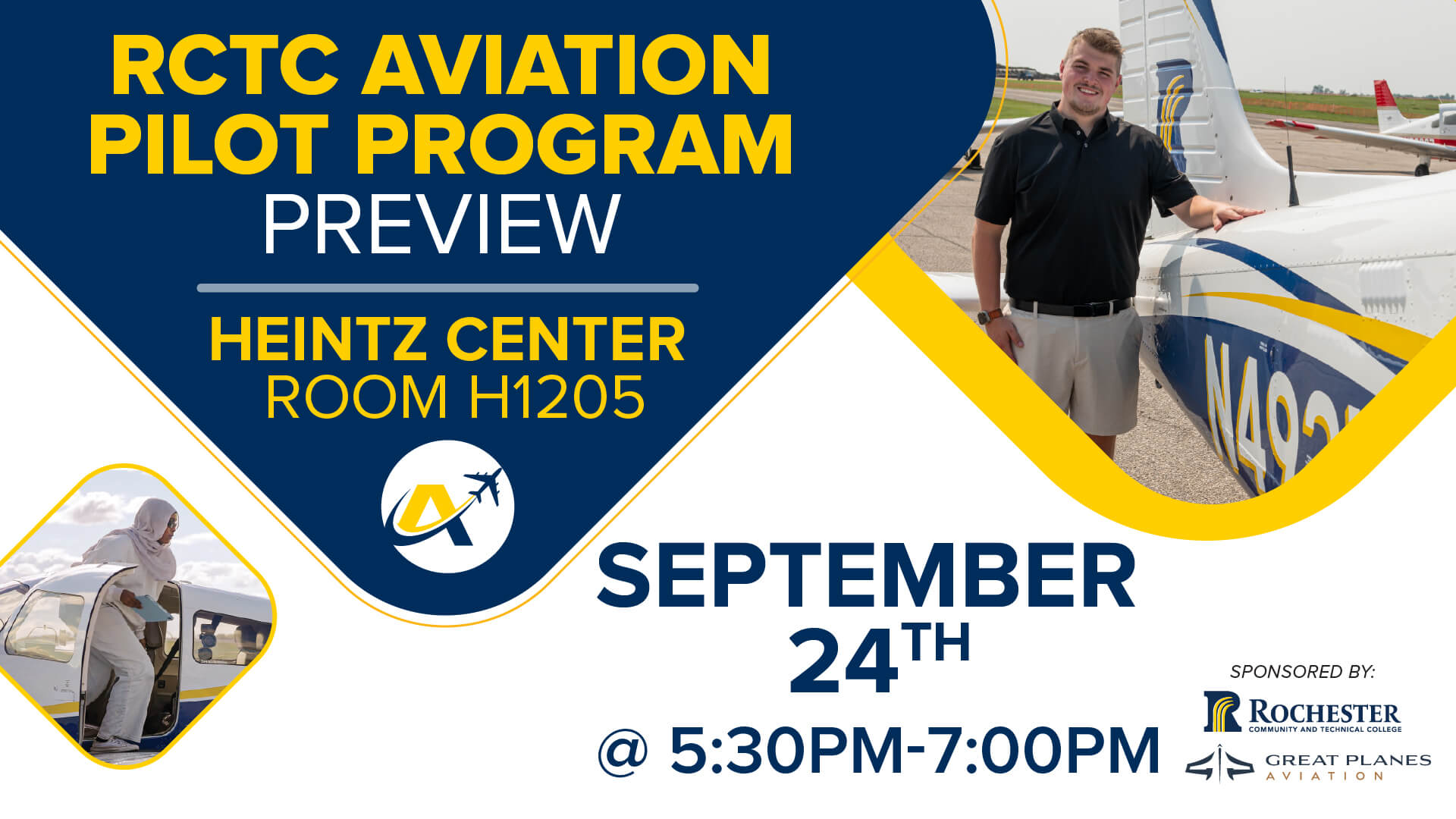 Graphic promoting an RCTC Aviation Pilot Program Preview on September 24 from 5:30 to 7:00 p.m. in Heintz Center Room H1205. The graphic includes photos of aircraft and aviation students, along with RCTC and Great Planes Aviation logos.