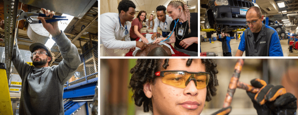 Collage of career and technical education students and instructors working in manufacturing, healthcare, automotive, and skilled trades learning environments.